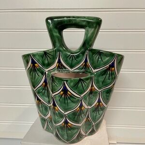 SIGNED Mexico Talavera Strawberry Planter Green Peacock Motif Handle 4 Pockets